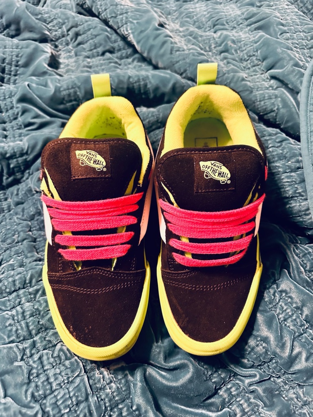Vans Black Sneakers with Neon Pink Laces and Neon Green Trim